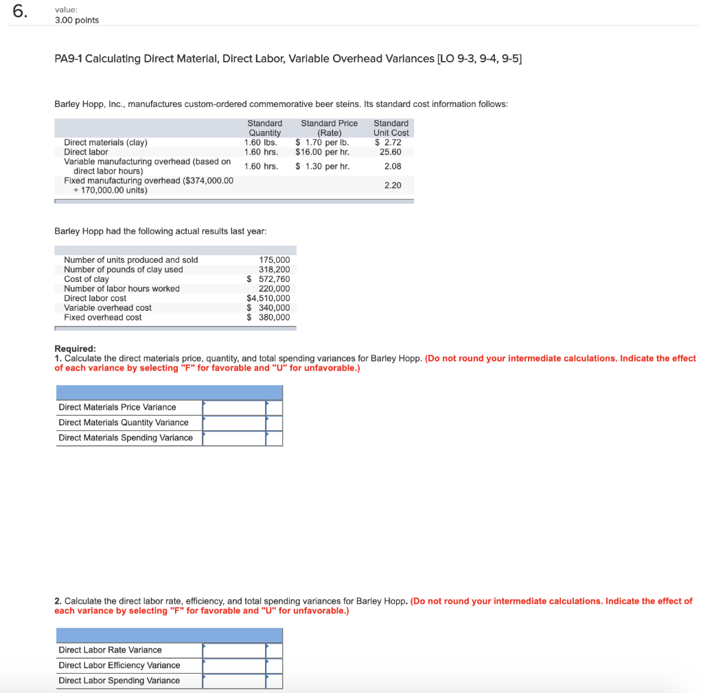 value: 3.00 points PA9-1 Calculating Direct Material, Direct Labor, Variable Overhead