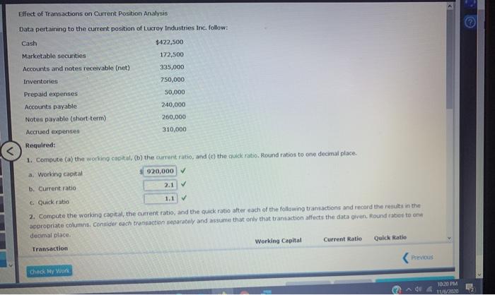  Effect of Transactions on Current Position Analysis Data pertaining to the