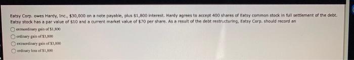  Eatsy Corp. owes Hardy, Inc. $30,000 on a note payable, plus
