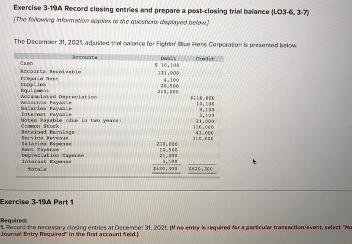  Exercise 3-19A Record closing entries and prepare a post-closing trial balance