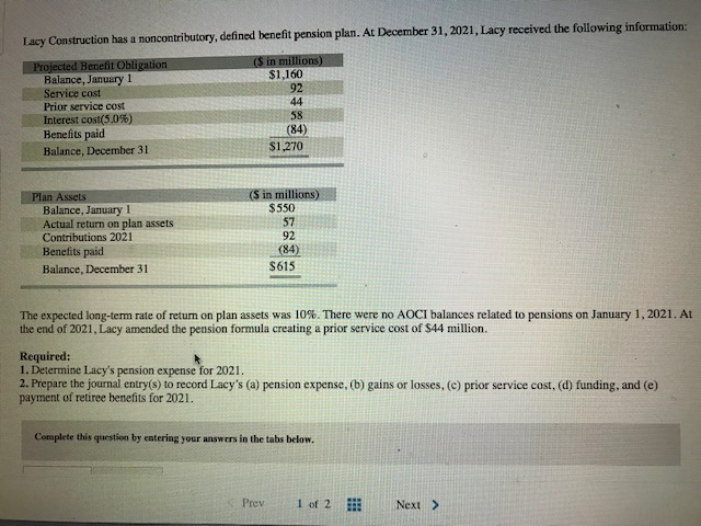  Tacy Construction has a noncontributory, defined benefit pension plan. At December