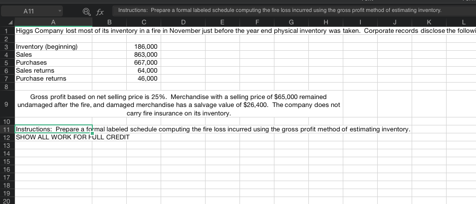 fx A11 Instructions: Prepare a formal labeled schedule computing the fire