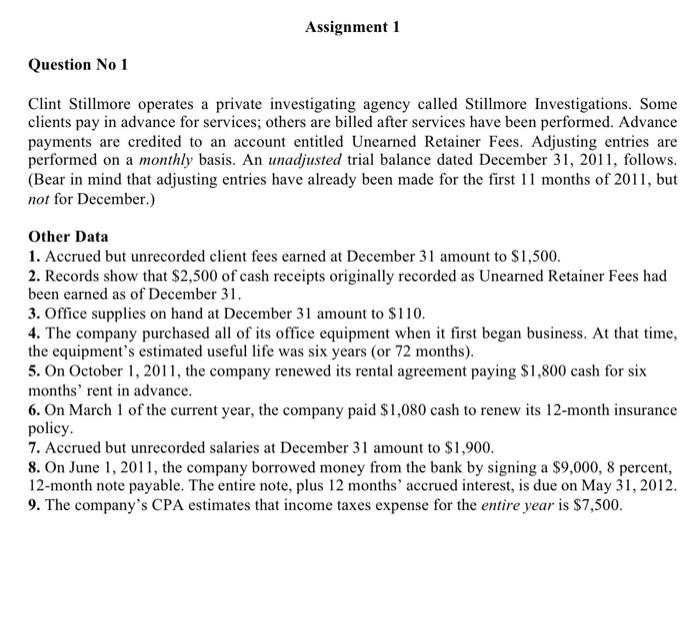  Assignment 1 Question No 1 Clint Stillmore operates a private investigating