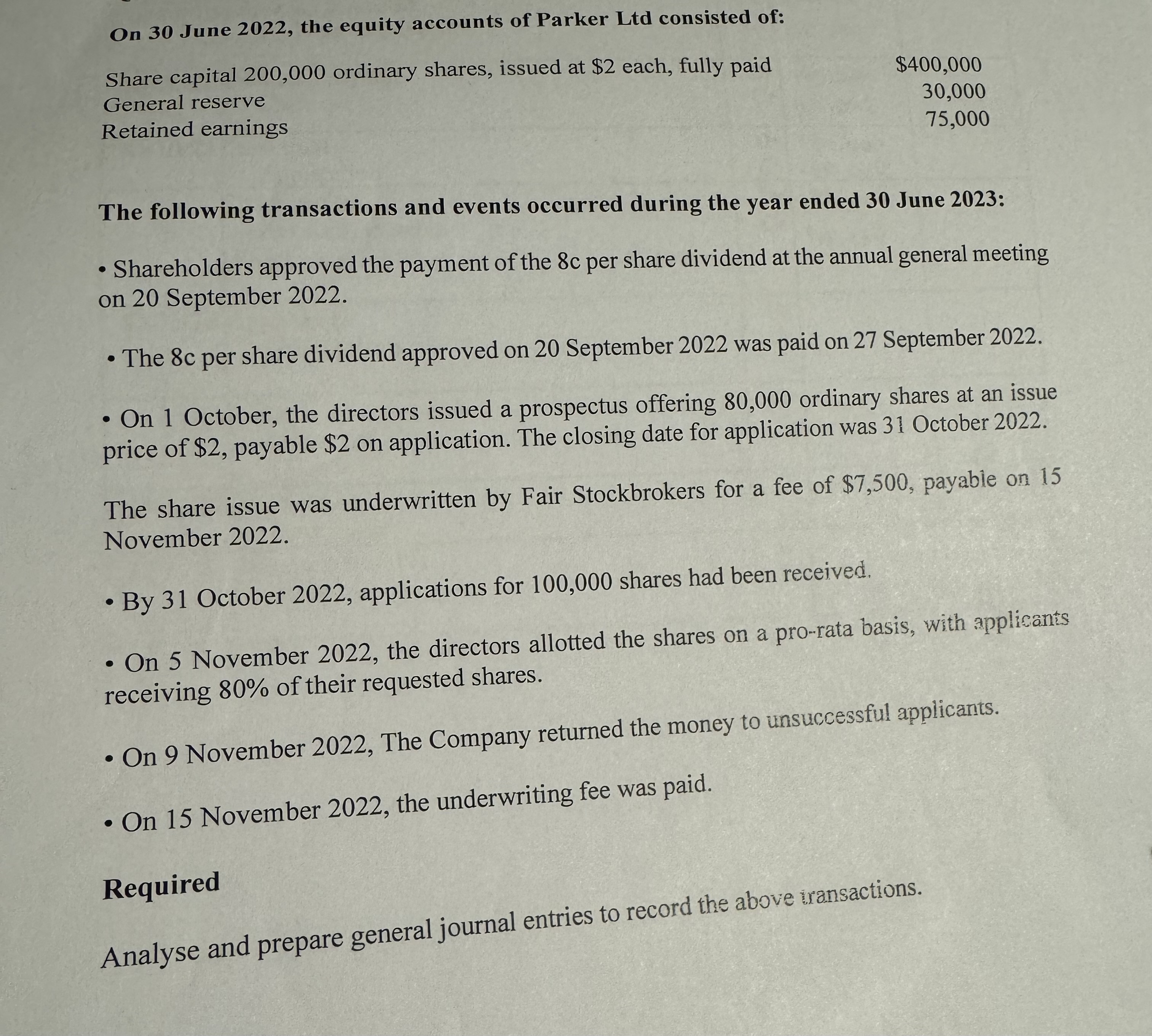  On 30 June 2022, the equity accounts of Parker Ltd consisted