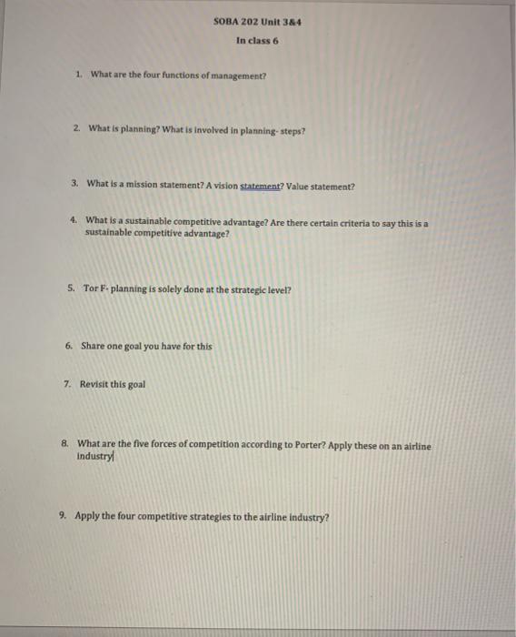  SOBA 202 Unit 384 In class 6 1. What are the