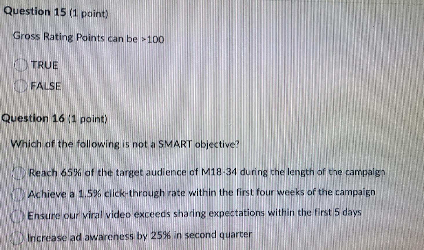 Question 15 (1 point) Gross Rating Points can be > 100