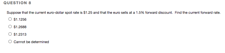  QUESTION 8 Suppose that the current euro-dollar spot rate is $1.25