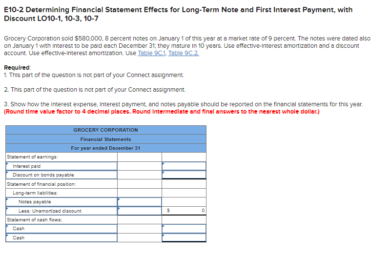 E10-2 Determining Financial Statement Effects for Long-Term Note and First Interest