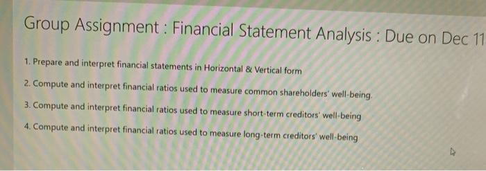  Group Assignment: Financial Statement Analysis : Due on Dec 11 1.