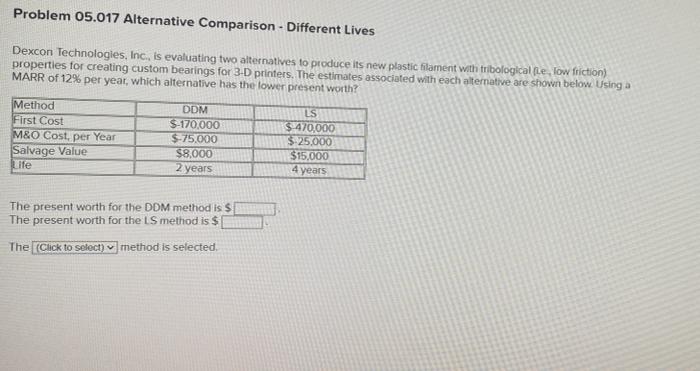  Problem 05.017 Alternative Comparison - Different Lives Dexcon Technologies, Inc., is