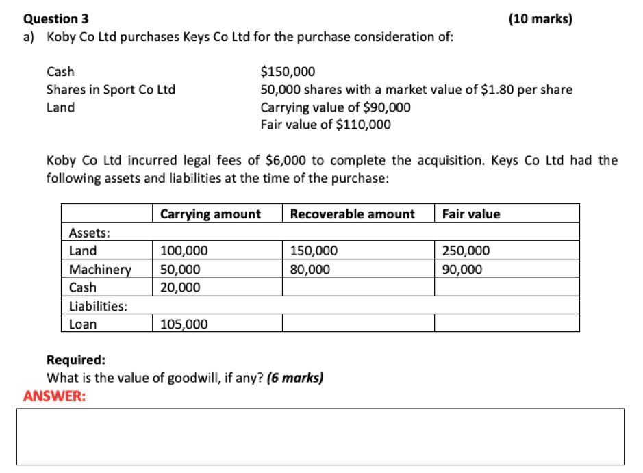  (10 marks) Question 3 a) Koby Co Ltd purchases Keys Co