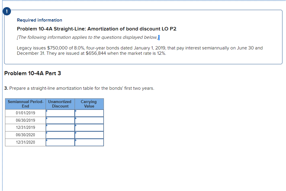 31. ! Required information Problem 10-4A Straight-Line: Amortization of bond discount LO
