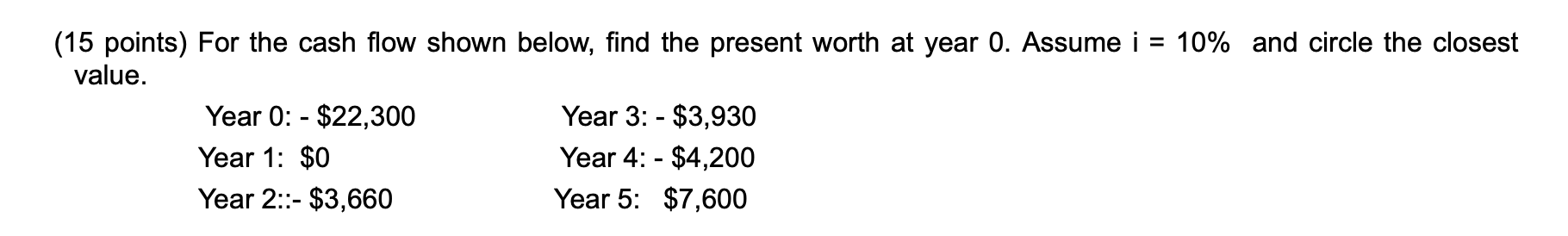 (15 points) For the cash flow shown below, find the present