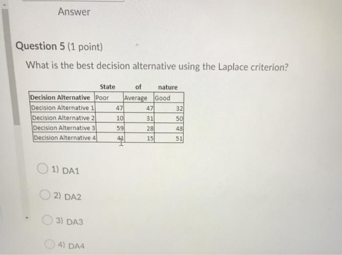  Answer Question 5 (1 point) What is the best decision alternative