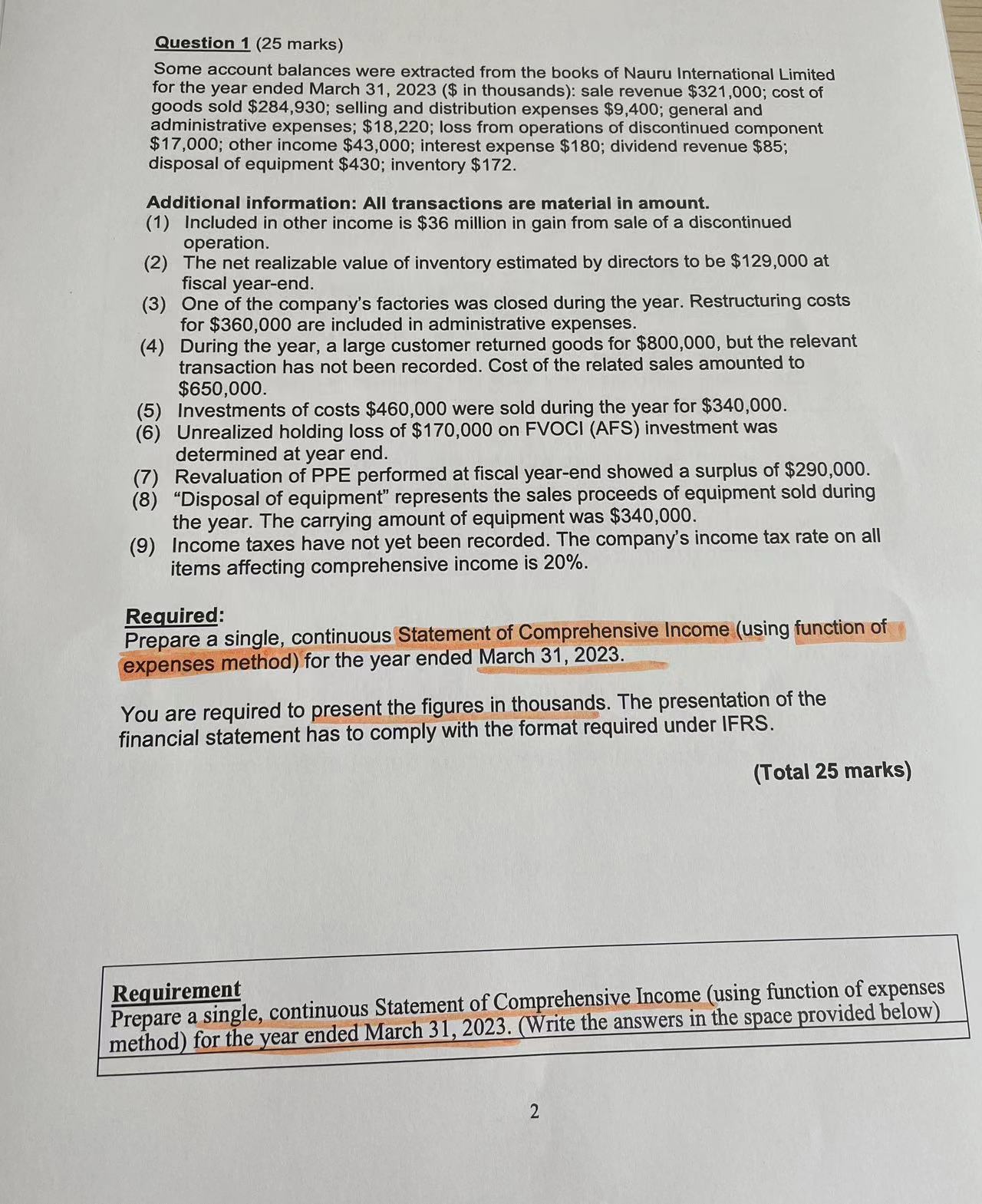  Question 1(25 marks) Some account balances were extracted from the books