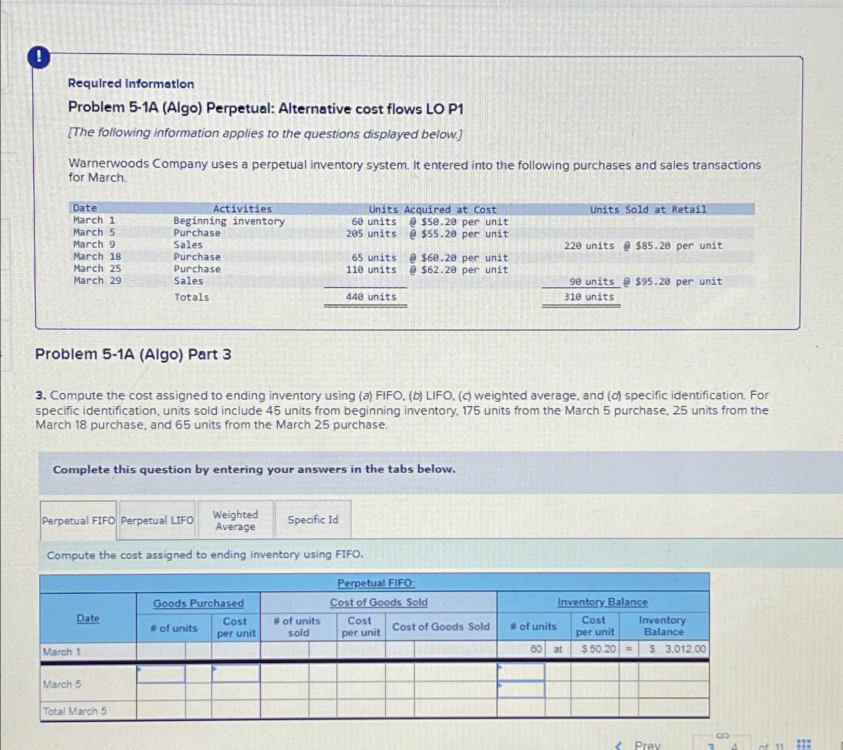  ! Required Information Problem 5-1A (Algo) Perpetual: Alternative cost flows LO