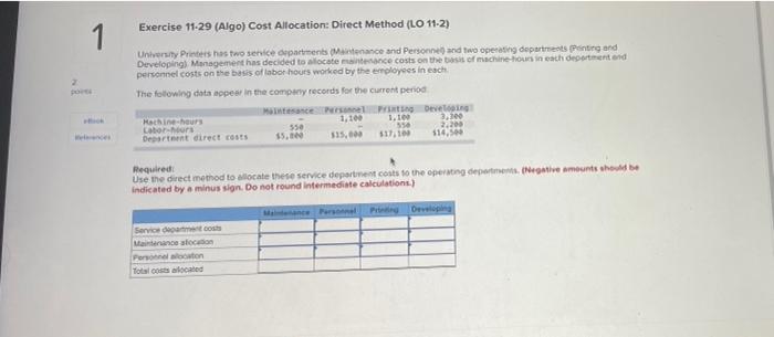 Save 1 Exercise 11-29 (Algo) Cost Allocation: Direct Method (LO 11-2)