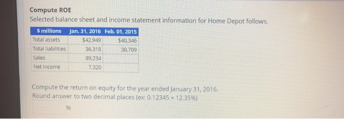  Compute ROE Selected balance sheet and income statement information for Home