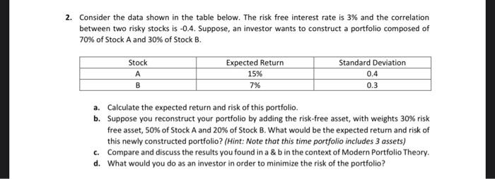  2. Consider the data shown in the table below. The risk