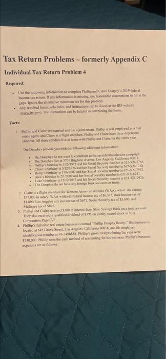 Tax Return Problems - formerly Appendix C Individual Tax Return Problem 4