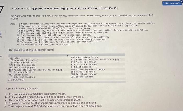 please help im stuck on these Check my work Problem 3-5A Applying