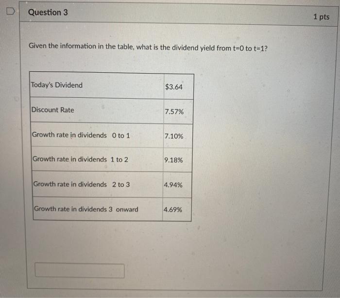  Question 3 1 pts Given the information in the table, what
