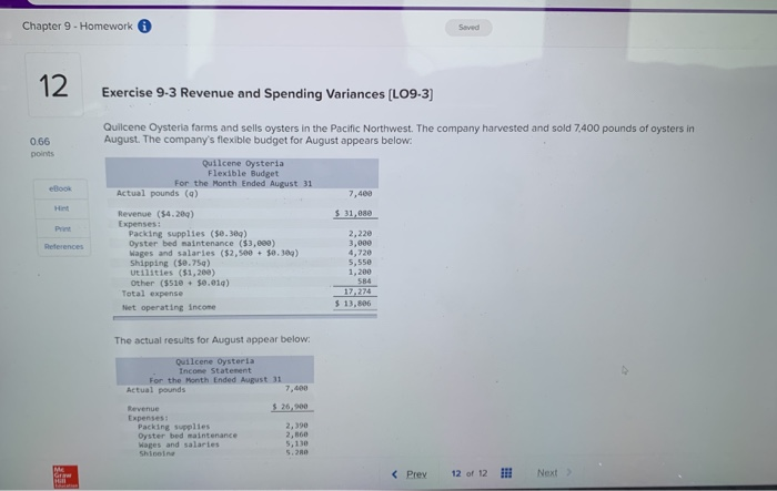  Chapter 9 - Homework 12. Exercise 9.3 Revenue and Spending Variances