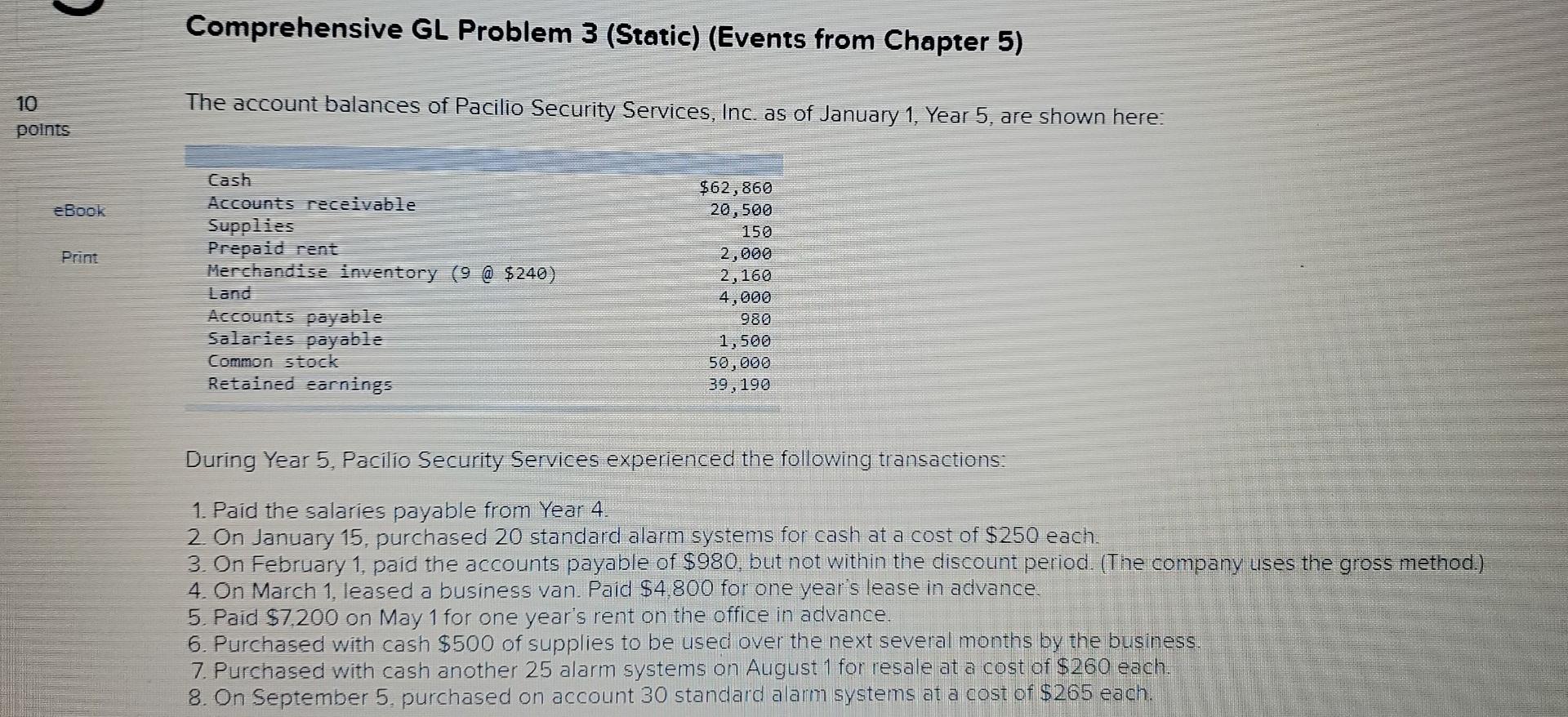  Comprehensive GL Problem 3 (Static) (Events from Chapter 5) The account