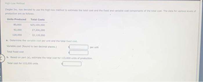  High Low Method Ziegler Inc. has decided to use the high-low