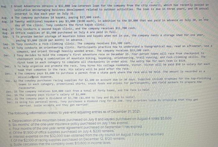 Prepare the journal entries for transactions. Aug 1 Great Adventures obtains a