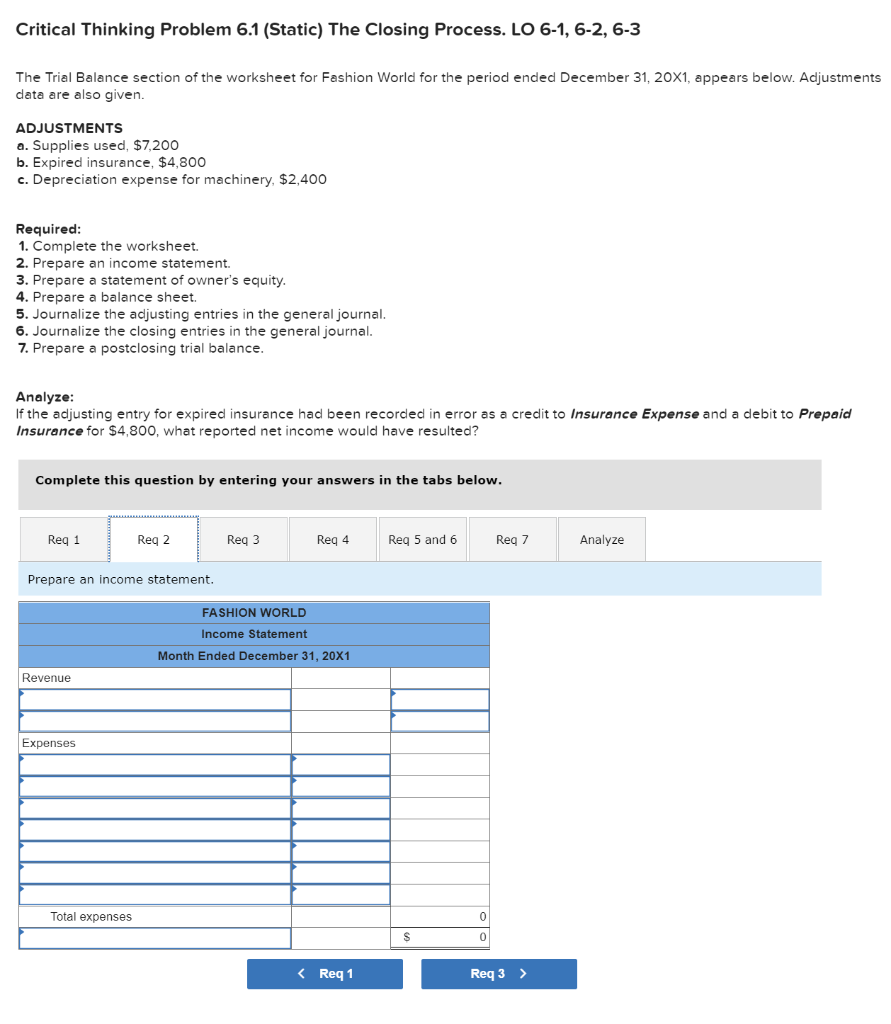 Thinking Problem 6.1 (Static) The Closing Process. LO 6-1, 6-2, 6-3 The