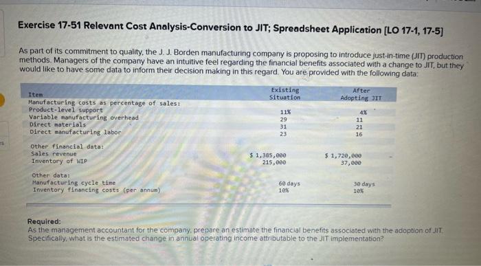  Exercise 17-51 Relevant Cost Analysis-Conversion to JIT; Spreadsheet Application (LO 17-1,