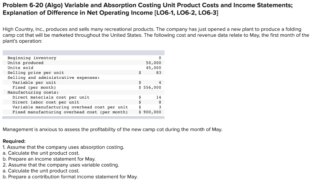 Problem 6-20 (Algo) Variable and Absorption Costing Unit Product Costs and