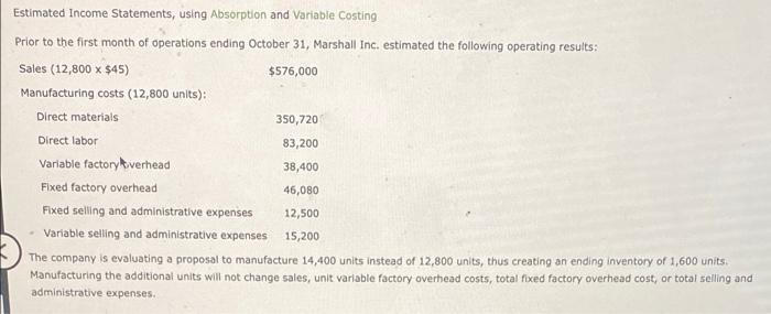  Estimated Income Statements, using Absorption and Variable Costing Prior to the