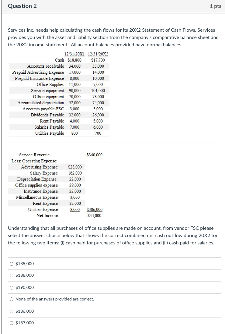  Question 2 1 pts Services Inc. needs help calculating the cash