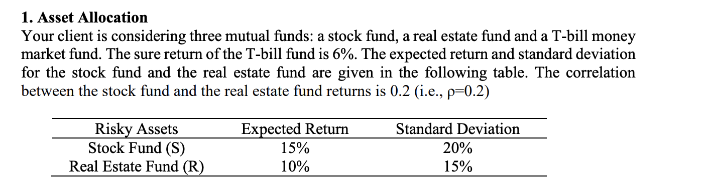 Please show work through excel 1. Asset Allocation Your client is considering