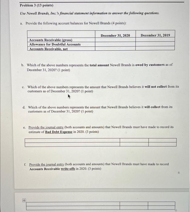 Problem 3 (13 points) Use Newell Brands, Inc.'s financial statement information
