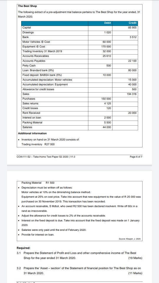 Answer sheet for 3.1 & 3.2 The Best Shop The following