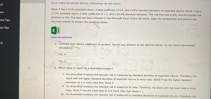  ers ans Excel Online Structured Activity: Evaluating risk and return Stock