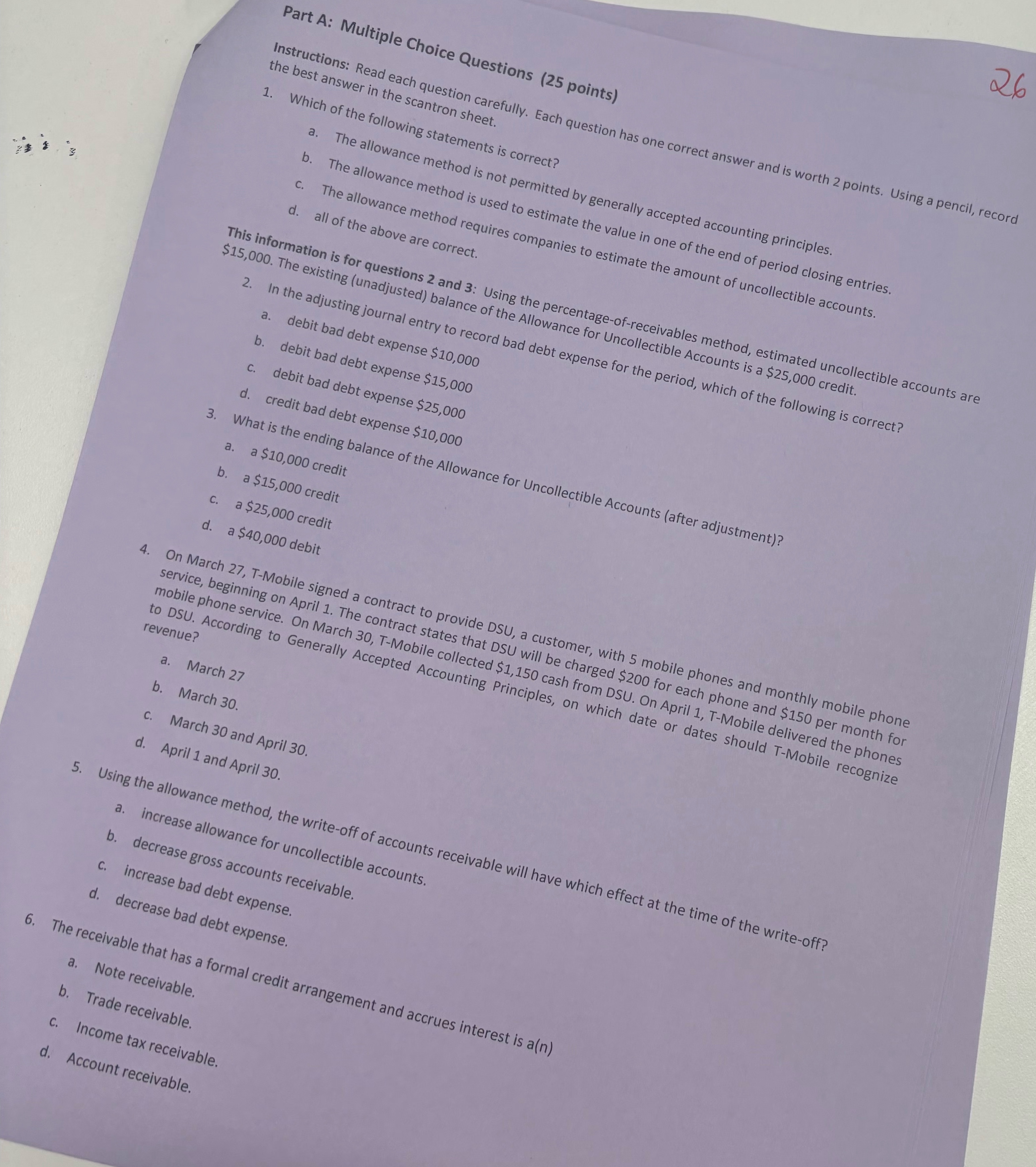  Part A: Multiple Choice Questions (25 points) the best answer in