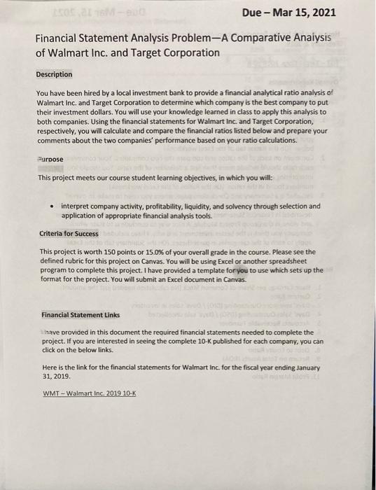  Due - Mar 15, 2021 Financial Statement Analysis Problem-A Comparative Analysis