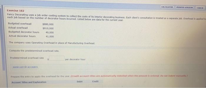  CALCULATON PUNTER VERSION HACK Exercise 182 Fancy Decorating uses a job