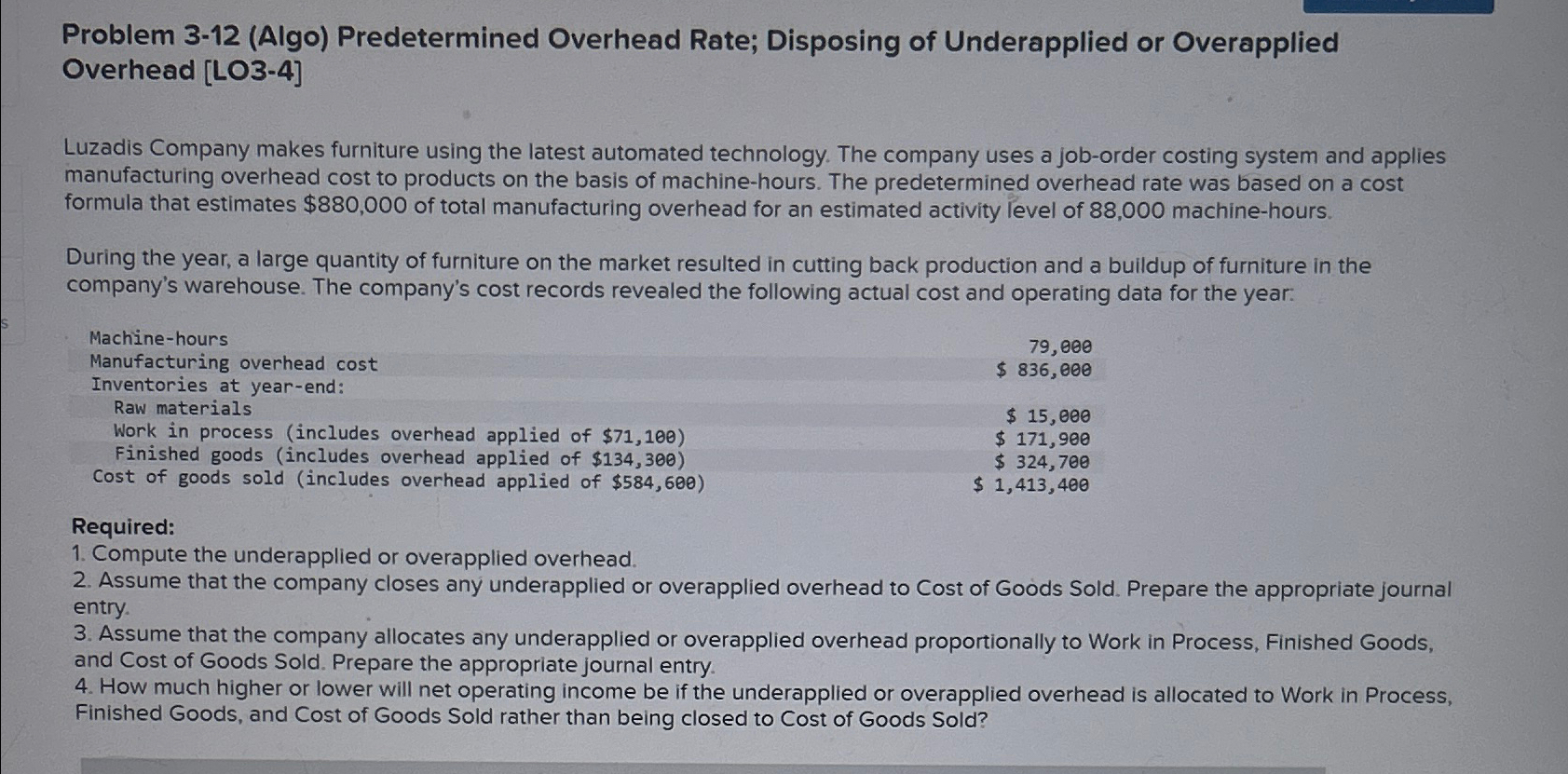  Problem 3-12(Algo) Predetermined Overhead Rate; Disposing of Underapplied or Overapplied Overhead