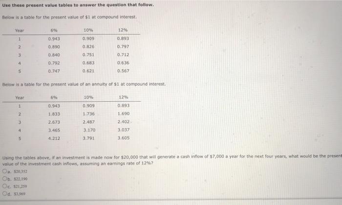 Use these present value tables to answer the question that follow.
