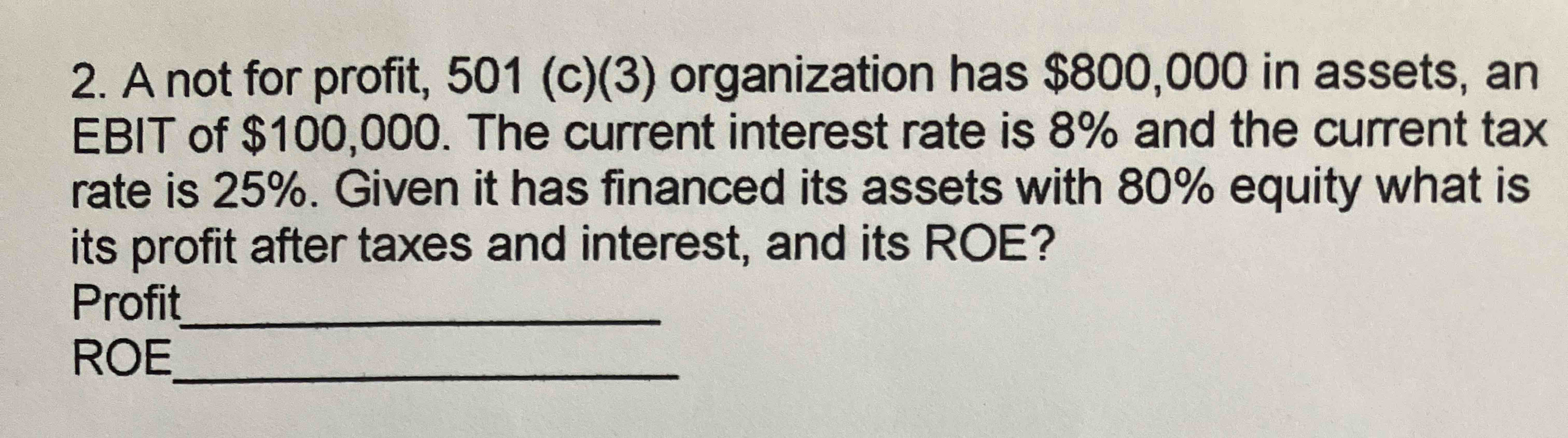  A not for profit, 501(c)(3) organization has $800,000 in assets, an