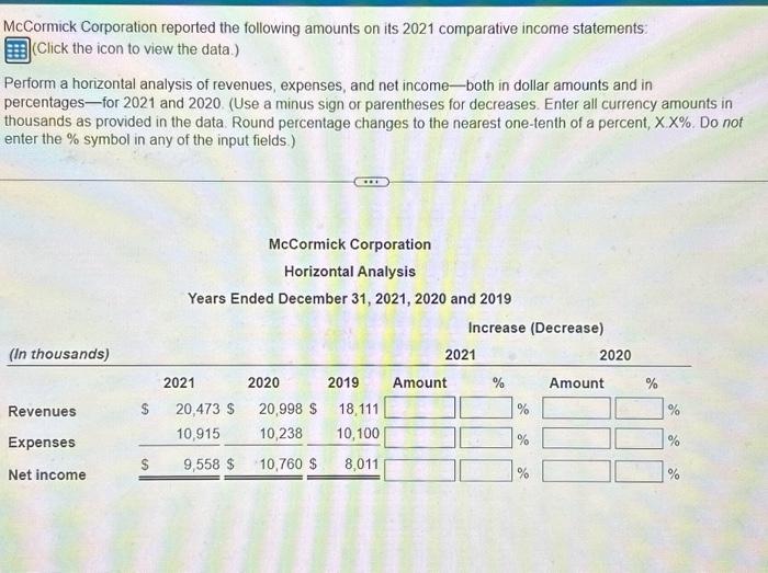 comparative income statements: (Click the icon to view the data.) Perform a