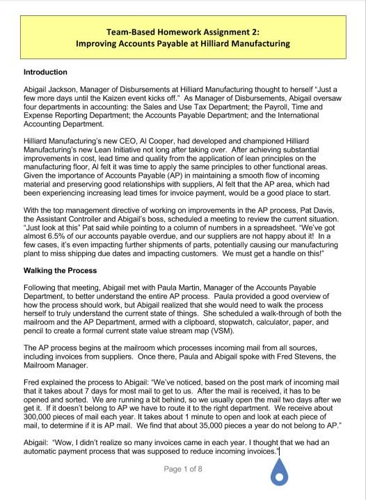  Team-Based Homework Assignment 2: Improving Accounts Payable at Hilliard Manufacturing Introduction