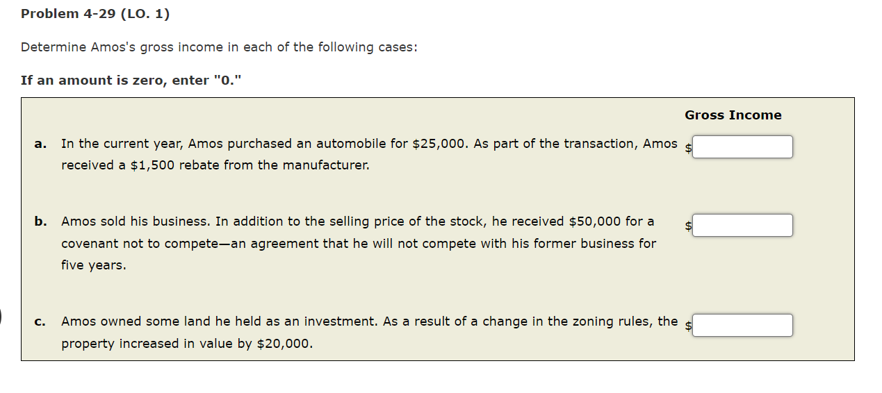  please helpProblem 4-29(LO.1) Determine Amos's gross income in each of the