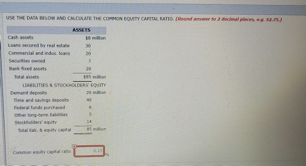 USE THE DATA BELOW AND CALCULATE THE COMMON EQUITY CAPITAL RATIO.