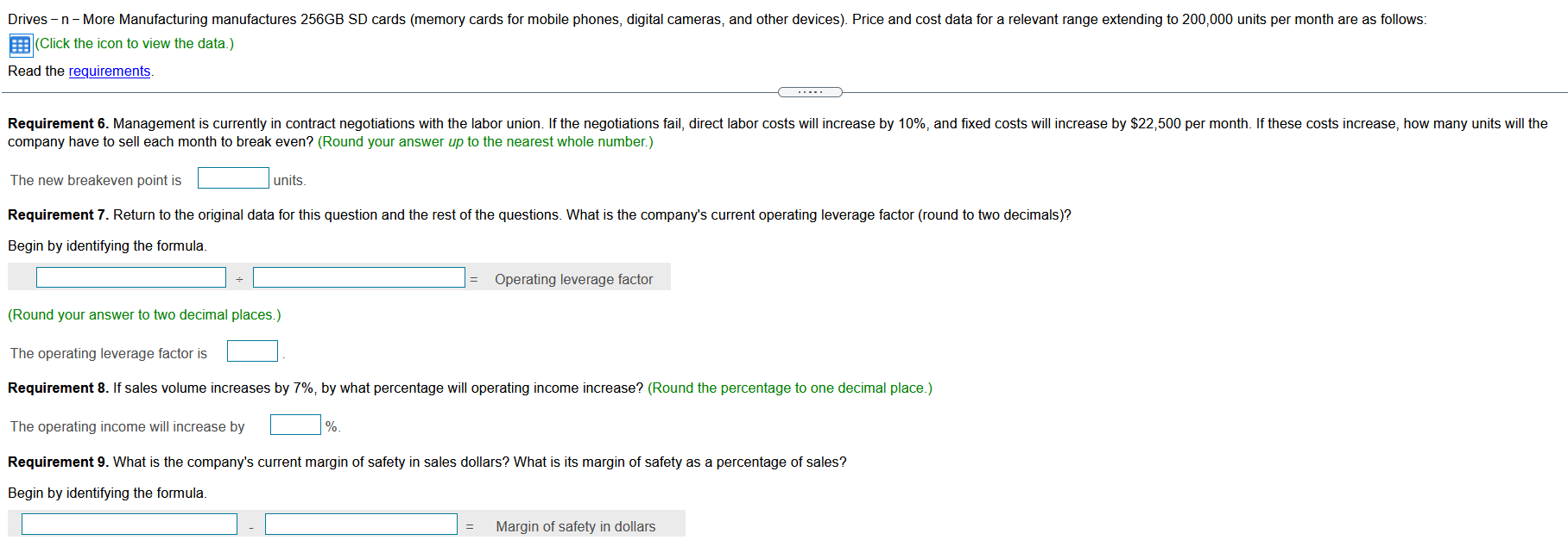 unit: (current monthly sales volume is 130,000 units) Variable costs per unit: